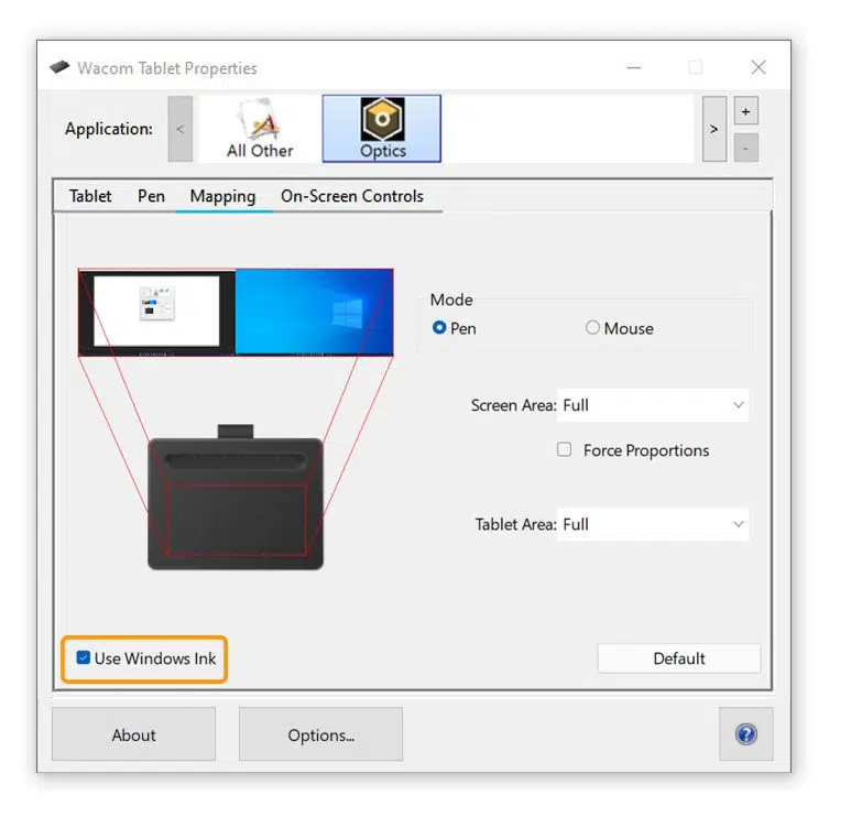 Optics Intuos Pen Mapping Settings