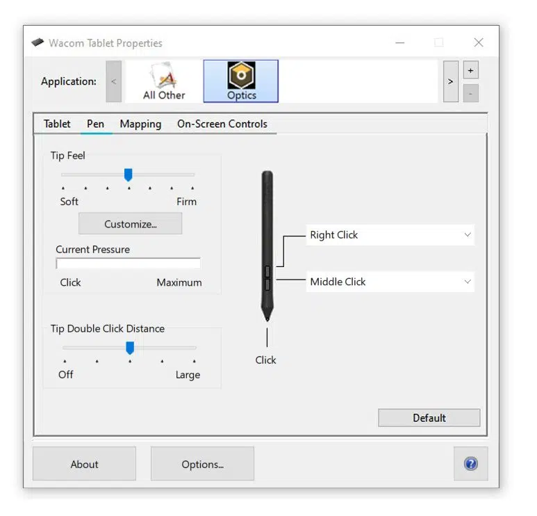 Optics Intuos Pen Settings