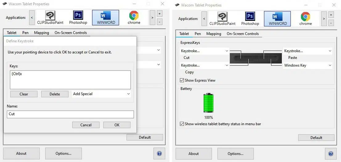 Wacom software settings and ExpressKeys