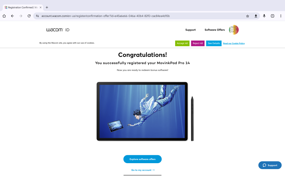 How to access the included Clip Studio Paint software trials on your new MovinkPad all-in-one portable pen tablet 19 9j Device Registered 1